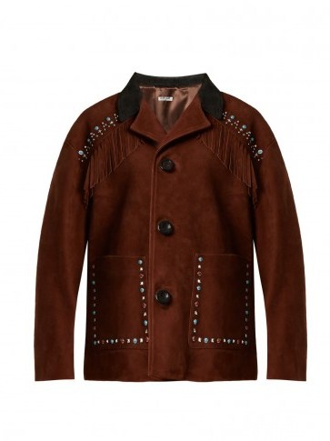 MIU MIU Stud-embellished fringed suede jacket ~ dark-brown Western jackets - flipped