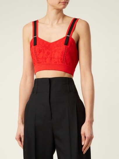 ALEXANDER MCQUEEN Sweetheart-neck floral-intarsia cropped top ~ red bralet tops - flipped