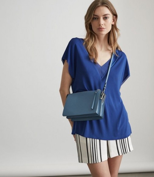 REISS SYBILL SILK V-NECK TOP BRIGHT BLUE – style essential silky tops – wardroble staple - flipped