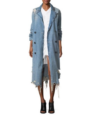 T by Alexander Wang Distressed Double-Breasted Trench Denim Coat ~ destroyed indigo-blue coats - flipped