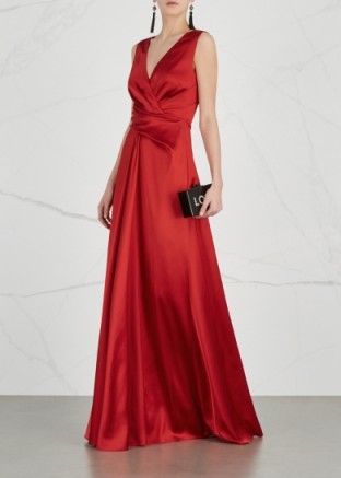 TALBOT RUNHOF Red sleeveless pleated satin gown ~ long luxe event dresses