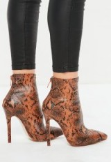 Missguided tan snake print fitted heeled ankle boots – glamorous booties