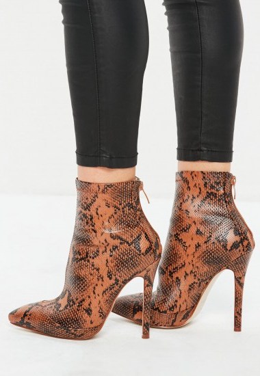 Missguided tan snake print fitted heeled ankle boots – glamorous booties - flipped