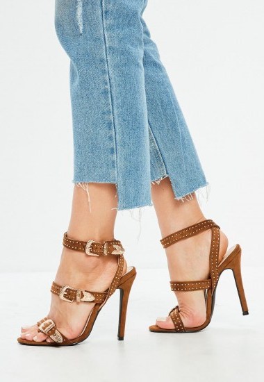Missguided tan suedette western stud strappy barely there heels - flipped