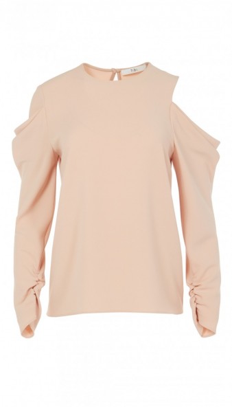 TIBI TRIACETATE OPEN SHOULDER DRAPE SLEEVE TOP – pink ruched sleeved tops