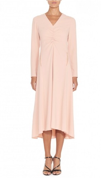 TIBI TRIACETATE RUCHED V-NECK DRESS – blush pink midi dresses - flipped