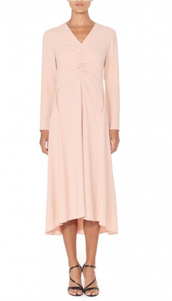 TIBI TRIACETATE RUCHED V-NECK DRESS – blush pink midi dresses