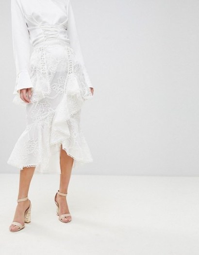 True Decadence Premium White Asymmetric Ruffle Lace Midi Skirt - flipped