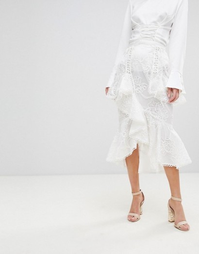 True Decadence Premium White Asymmetric Ruffle Lace Midi Skirt