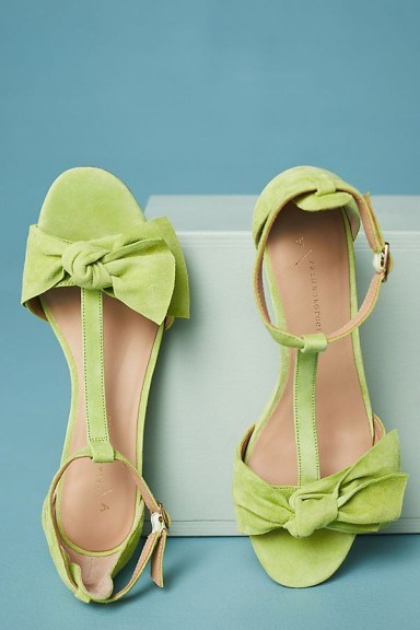 ANTHROPOLOGIE T-Strap Bow Heels | chartreuse-green mid block heel sandals - flipped
