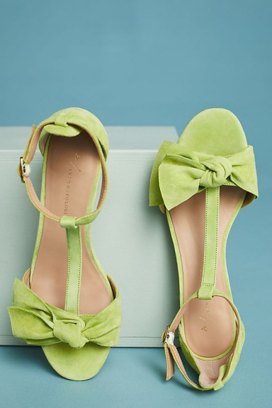 ANTHROPOLOGIE T-Strap Bow Heels | chartreuse-green mid block heel sandals