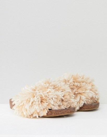 UGG Cindy Beige Shaggy Slides in soft ochre | fluffy luxe style flats - flipped