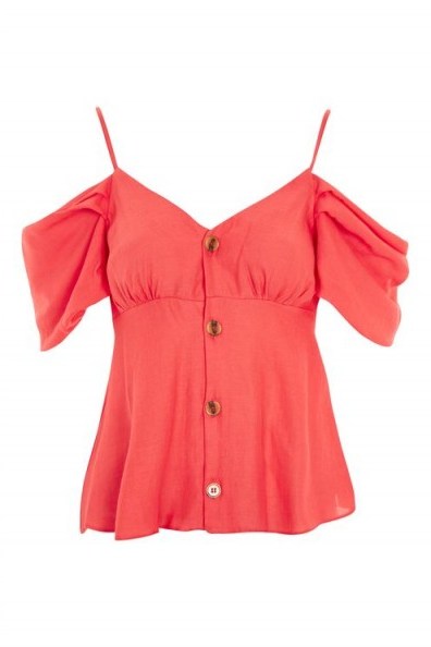 Topshop Volume Sleeve Bardot Camisole Top | coral cold shoulder tops - flipped