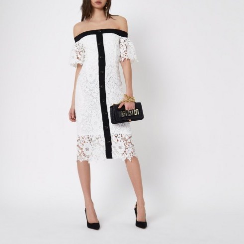 River Island White bardot lace midi dress – off the shoulder party dresses - flipped