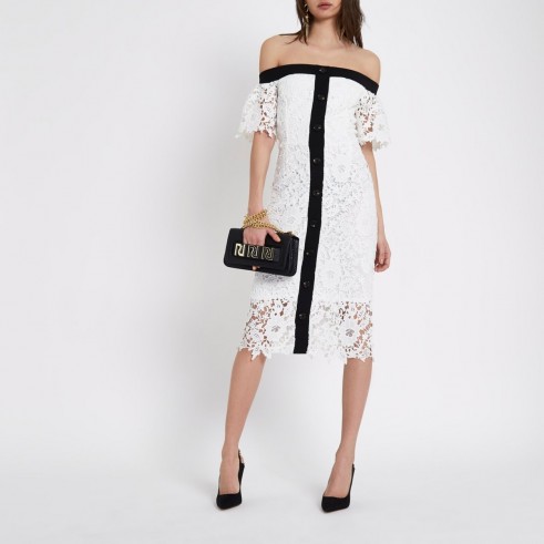 River Island White bardot lace midi dress – off the shoulder party dresses