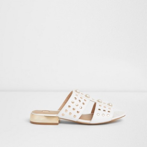 River Island White faux pearl studded mules | metallic stud gold heel sandals - flipped