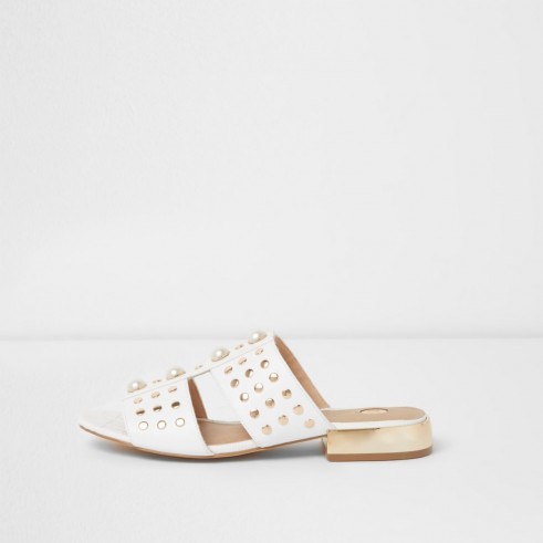 River Island White faux pearl studded mules | metallic stud gold heel sandals