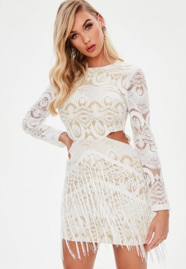 MISSGUIDED white lace cut out tassel dress – fringed party dresses - flipped