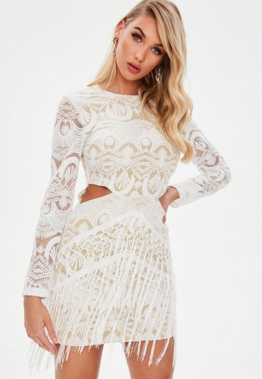MISSGUIDED white lace cut out tassel dress – fringed party dresses