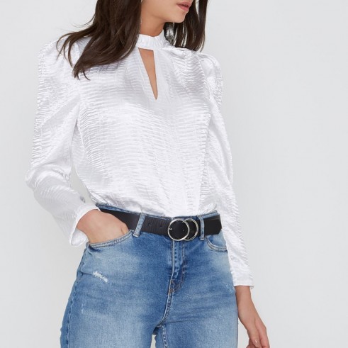 River Island White textured satin puff sleeve top – high neck cut out tops