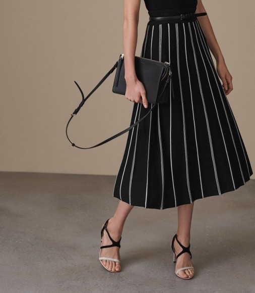 REISS WILLOW KNITTED MIDI SKIRT BLACK ~ striped a-line skirts