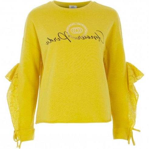 River Island Yellow ‘amour’ broderie frill sweatshirt | yellow ruffle sleeved slogan tops - flipped
