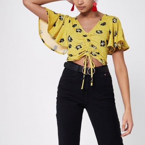 River Island Yellow floral ruched front frill crop top | flutter sleeve tops - flipped