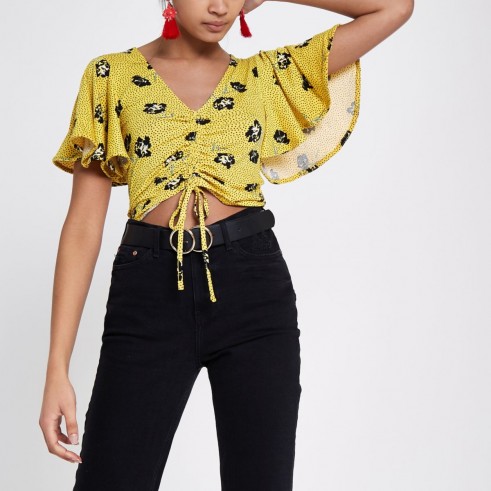 River Island Yellow floral ruched front frill crop top | flutter sleeve tops