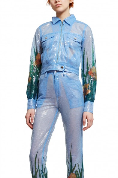 Adam Selman SHEER WORK JACKET in Sky | blue sequin jackets