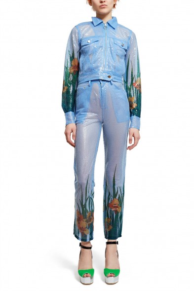 Adam Selman SHEER WORK JEANS ~ sky-blue sequin embellished cropped trousers