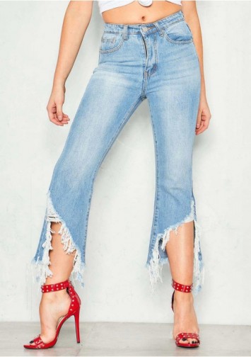 MISSYEMPIRE Andrea Denim Extreme Fray Ripped Hem Jeans | frayed hems