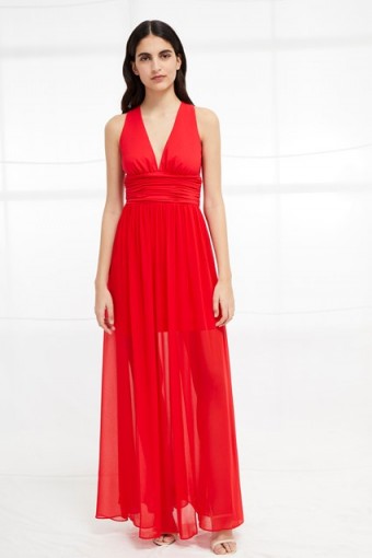 FRENCH CONNECTION ANDROS JERSEY HALTER MAXI DRESS in SHANGHAI RED | semi sheer dresses | plunge front