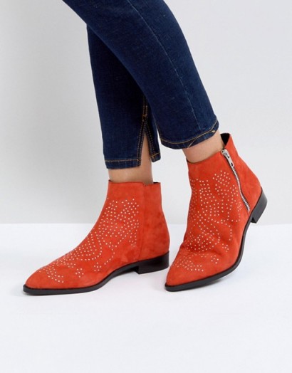 ASOS AUTO PILOT Suede Studded Ankle Boots in Red