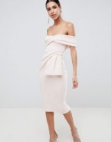 ASOS DESIGN Bardot Fold Wrap Front Midi Pencil Dress | nude off shoulder party dresses