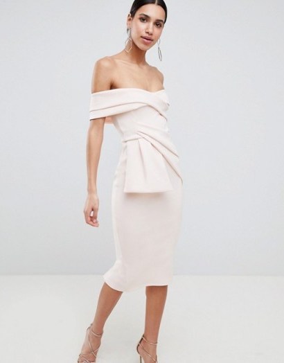ASOS DESIGN Bardot Fold Wrap Front Midi Pencil Dress | nude off shoulder party dresses - flipped