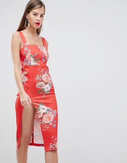 ASOS DESIGN Botanical Print V Bar Pencil Dress – floral printed thigh high slit dresses - flipped