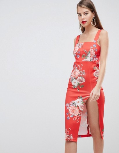 ASOS DESIGN Botanical Print V Bar Pencil Dress – floral printed thigh high slit dresses