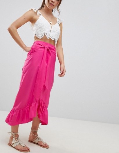 ASOS DESIGN cotton midi skirt with tie belt and ruffle hem ~ pink frill summer skirts - flipped
