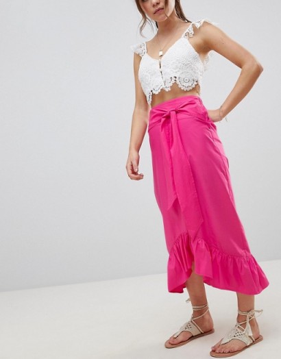 ASOS DESIGN cotton midi skirt with tie belt and ruffle hem ~ pink frill summer skirts