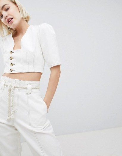 ASOS DESIGN denim top in white with button detail | cropped puff sleeve tops - flipped