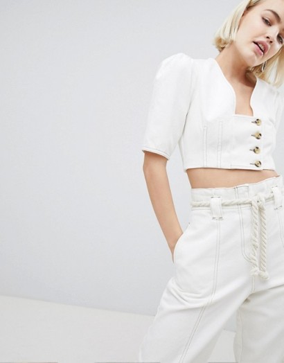 ASOS DESIGN denim top in white with button detail | cropped puff sleeve tops