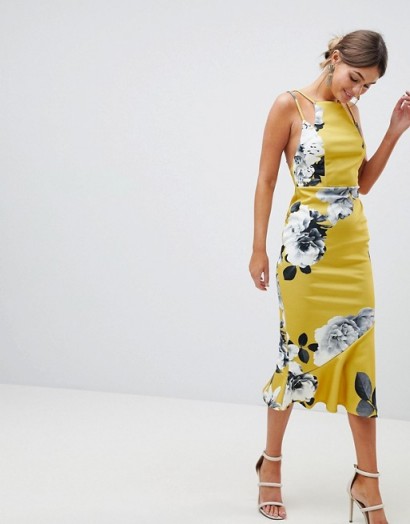 ASOS DESIGN Double Strap Cami Floral Midi Bodycon Pephem Dress – fitted party dresses