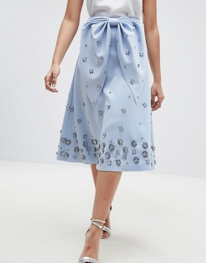 ASOS DESIGN embellished bow front scuba midi prom skirt ~ blue flared party skirts - flipped