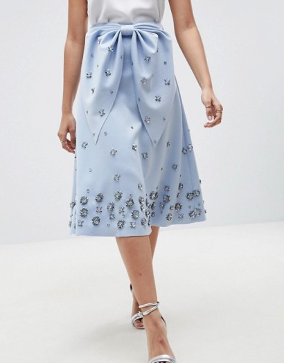 ASOS DESIGN embellished bow front scuba midi prom skirt ~ blue flared party skirts