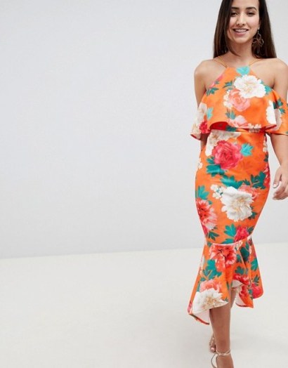 ASOS DESIGN Floral Ruffle Cold Shoulder Asymmetric Pephem Midi Dress ~ ruffled party dresses - flipped