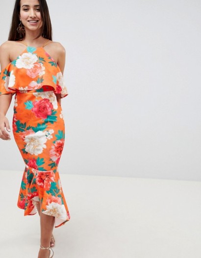 ASOS DESIGN Floral Ruffle Cold Shoulder Asymmetric Pephem Midi Dress ~ ruffled party dresses