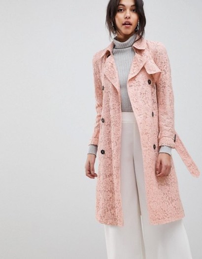 ASOS DESIGN Lace Mac Skater in Pink – belted coats - flipped