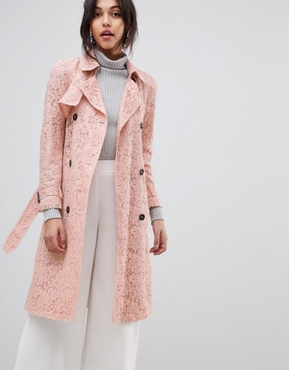 ASOS DESIGN Lace Mac Skater in Pink – belted coats