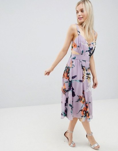 ASOS DESIGN Lilac Floral Print Midi Dress With Cut Out Side - flipped