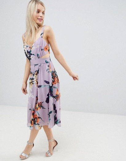 ASOS DESIGN Lilac Floral Print Midi Dress With Cut Out Side